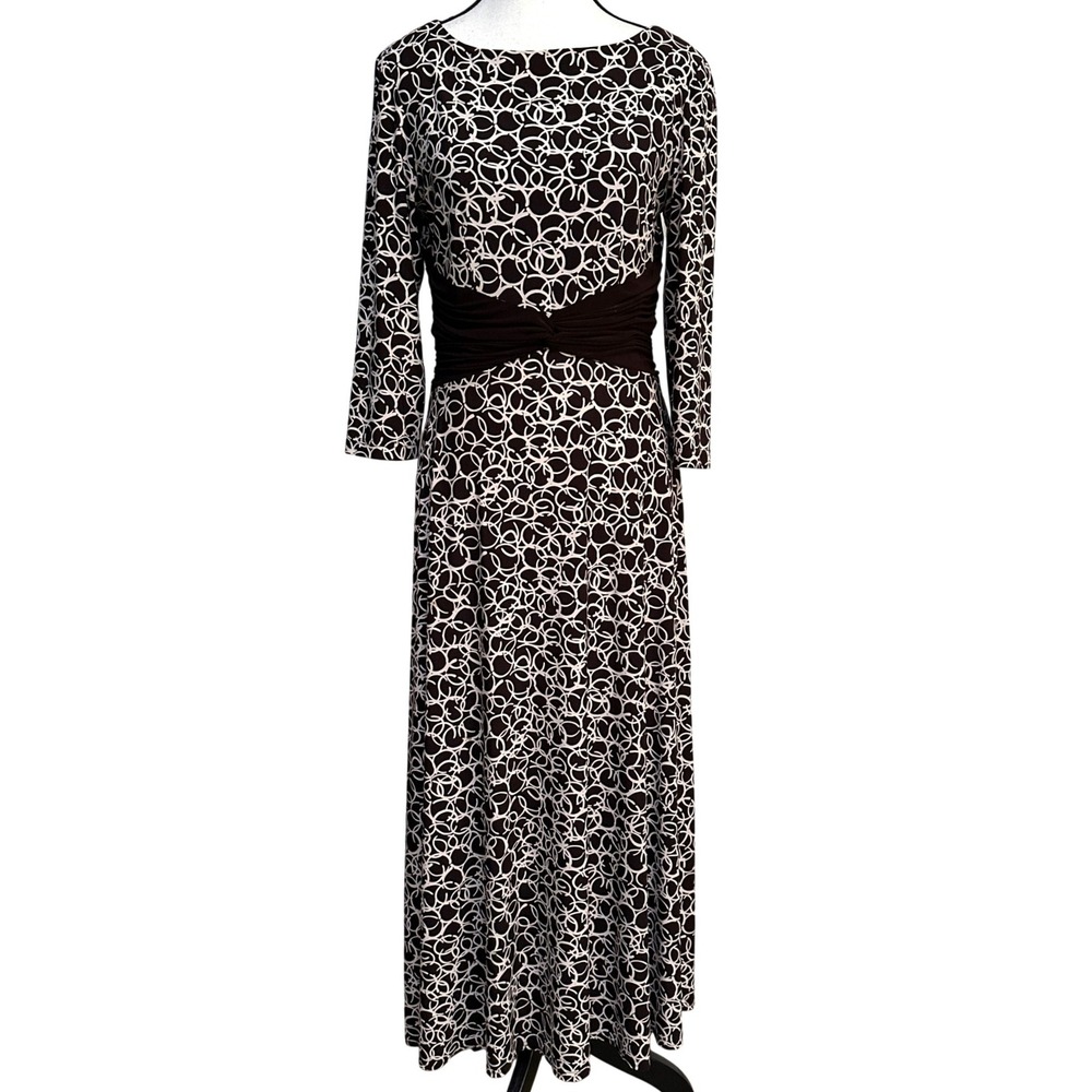 VTG Brown Maxi Dress Womens 6 Geometric Circle Ruched Redro Mid Century Modest